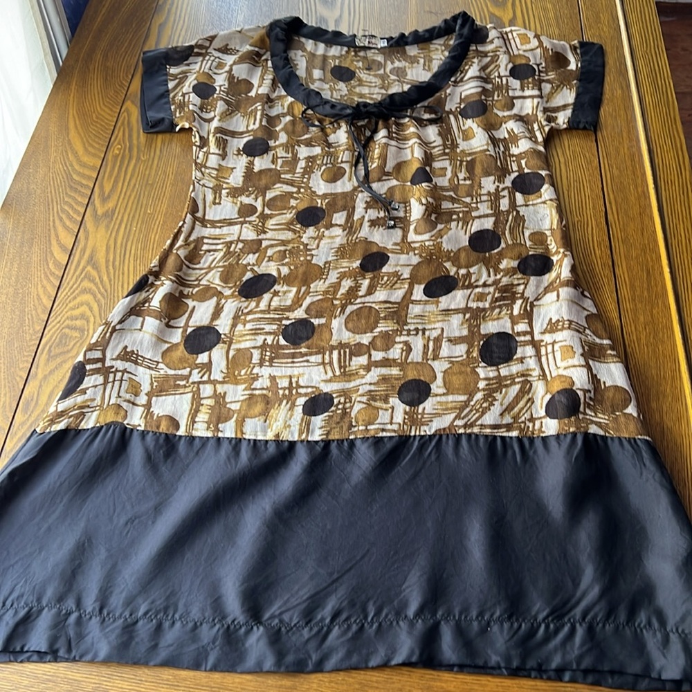 Silk mini dress,Black/Gold/Cream drawstring neck,short sleeves